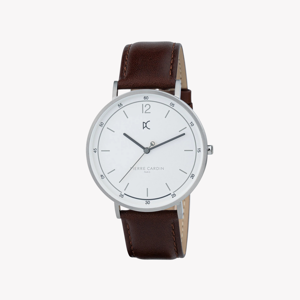Pierre Cardin Men's Silver Stainless Steel, Brown Leather | Cbn.3001