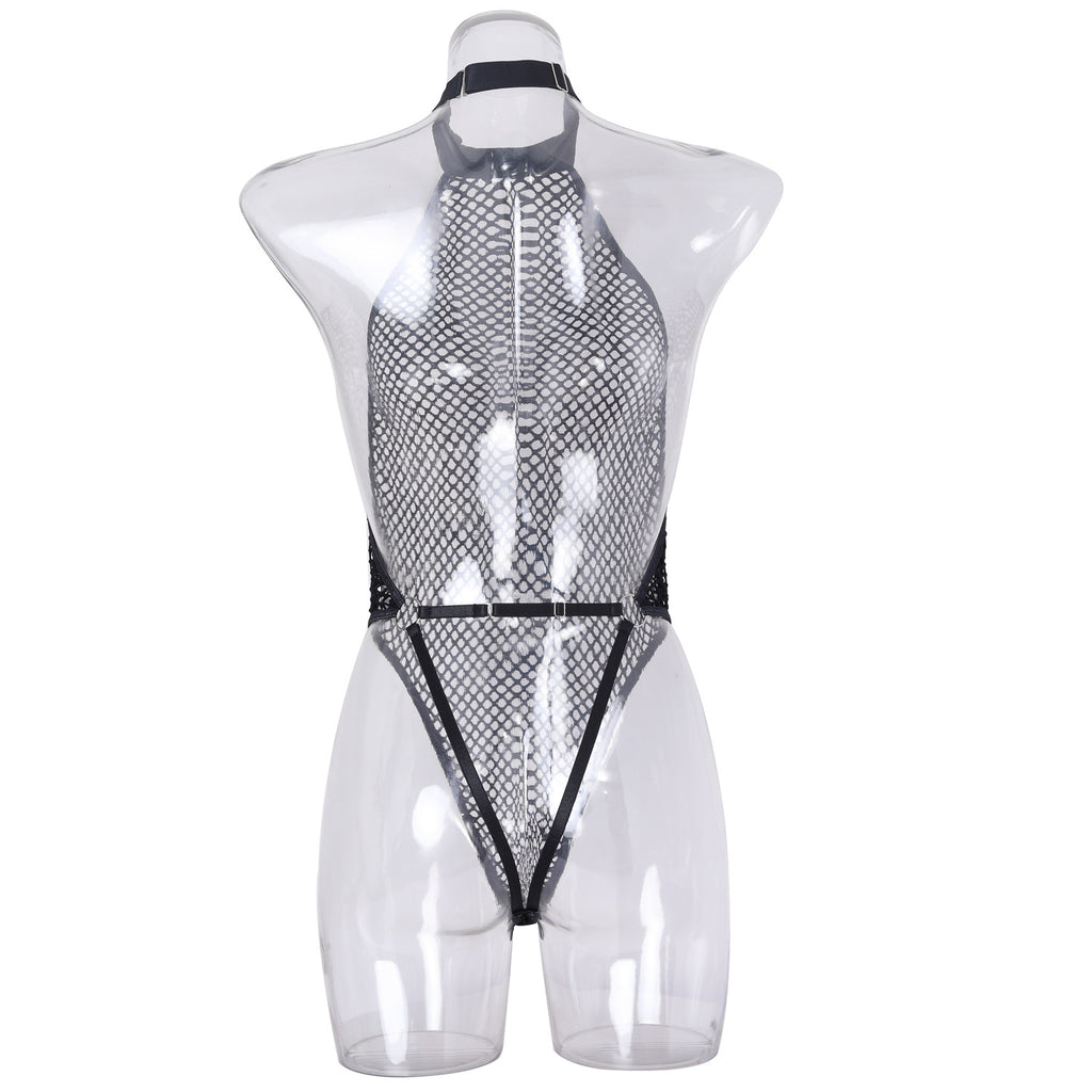 Backless Erotic Bodysuit with Handcuffs - Chic Fishnet Style - Wholesale Lingerie Back View