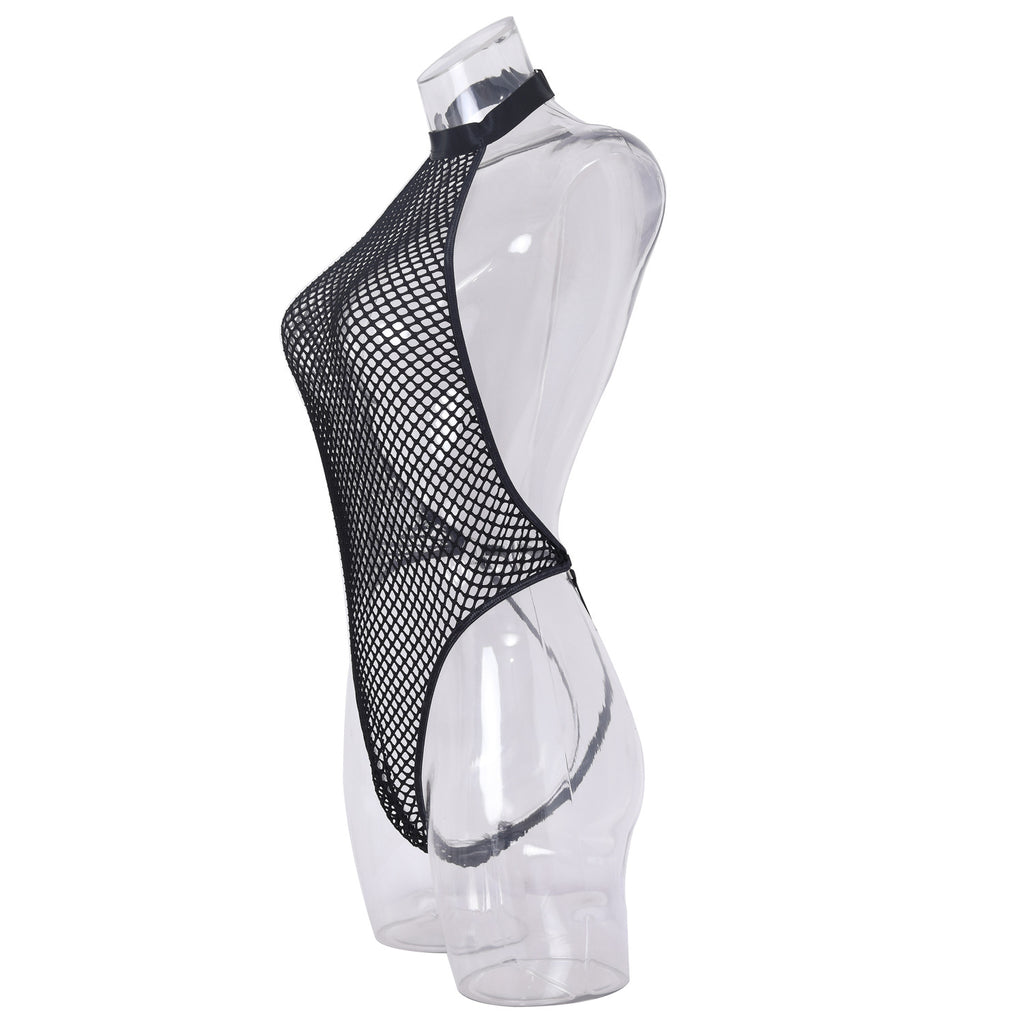 Backless Erotic Bodysuit with Handcuffs - Chic Fishnet Style - Wholesale Lingerie Side View