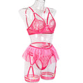 Hot Pink Sexy Sheer Floral Lace Bra Set with Tassel Girdle Side View