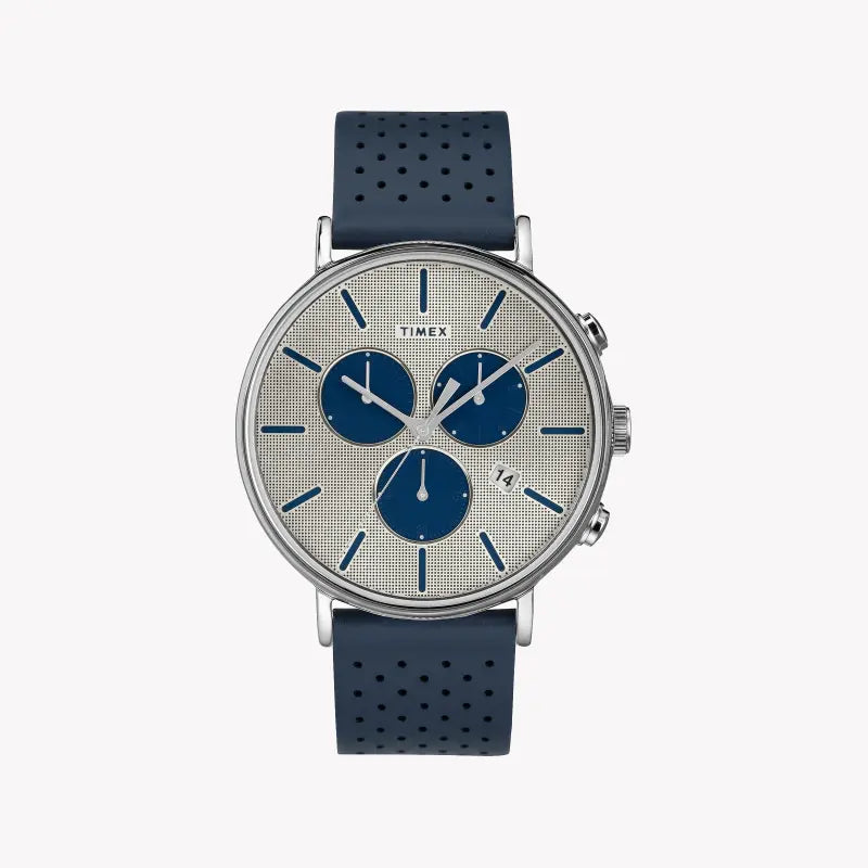 Timex Men's Blue Leather Watch, Silver Dial | Tw2r97700
