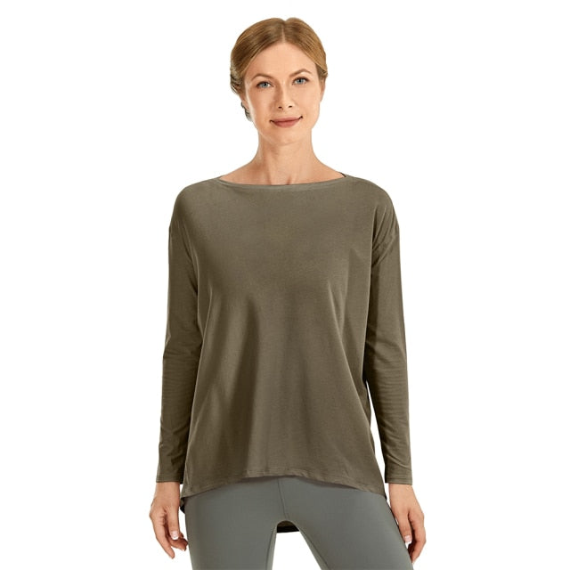 Long Sleeve Workout Shirts for Women Loose Fit-Pima Cotton Yoga Shirts, Casual Fall Tops Shirts