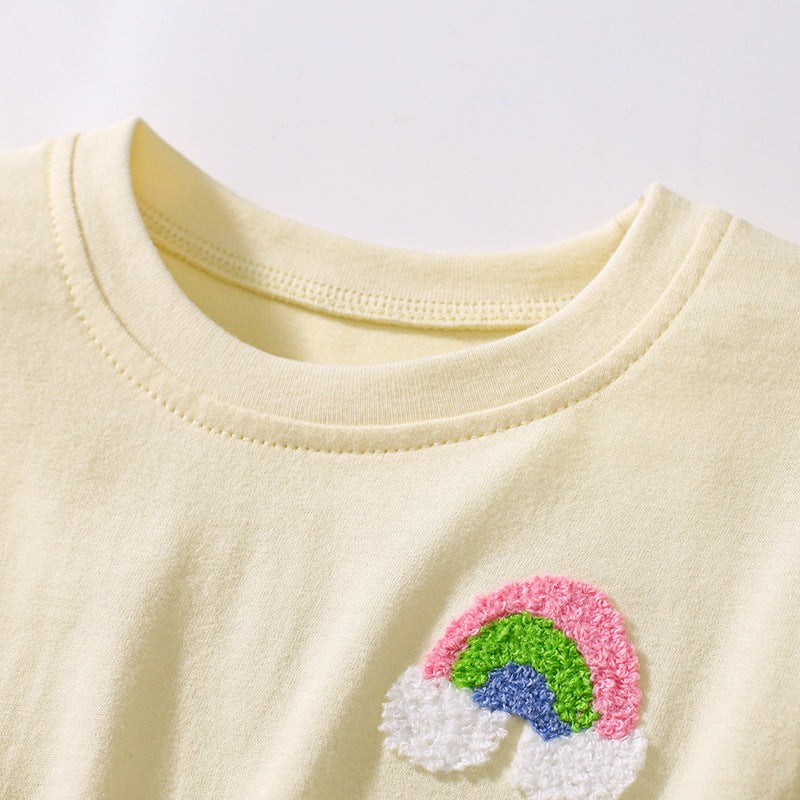 Summer Arrival Rainbow Pattern Short Sleeves Tulle Patchwork Dress for Stylish Girls