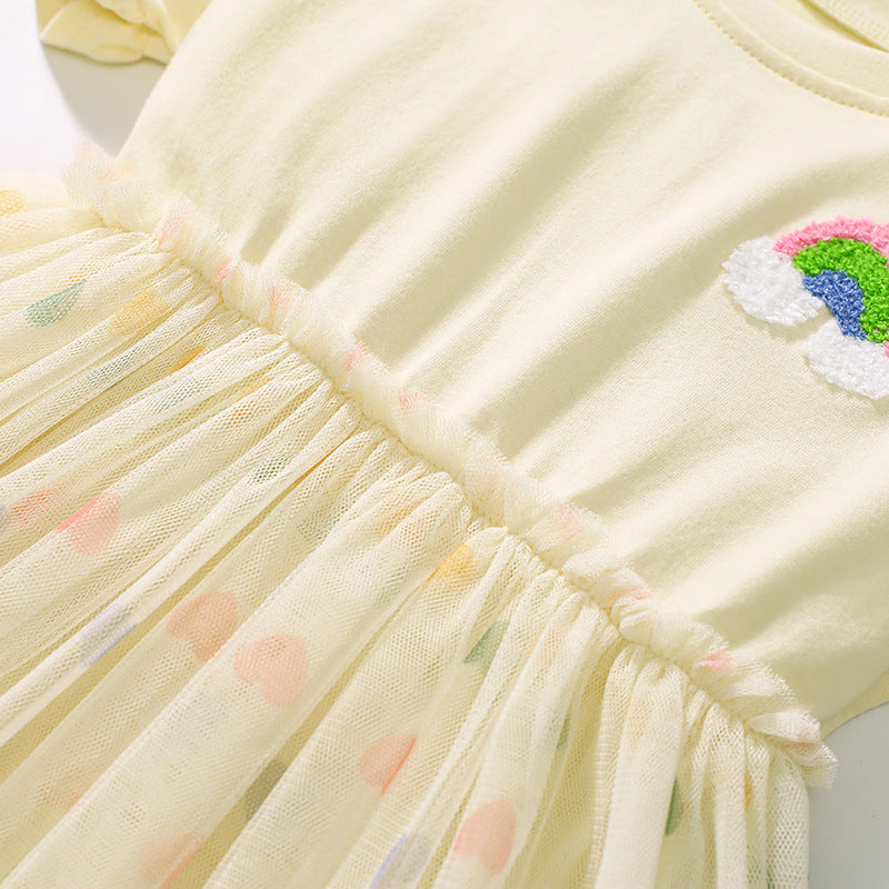 Summer Arrival Rainbow Pattern Short Sleeves Tulle Patchwork Dress for Stylish Girls