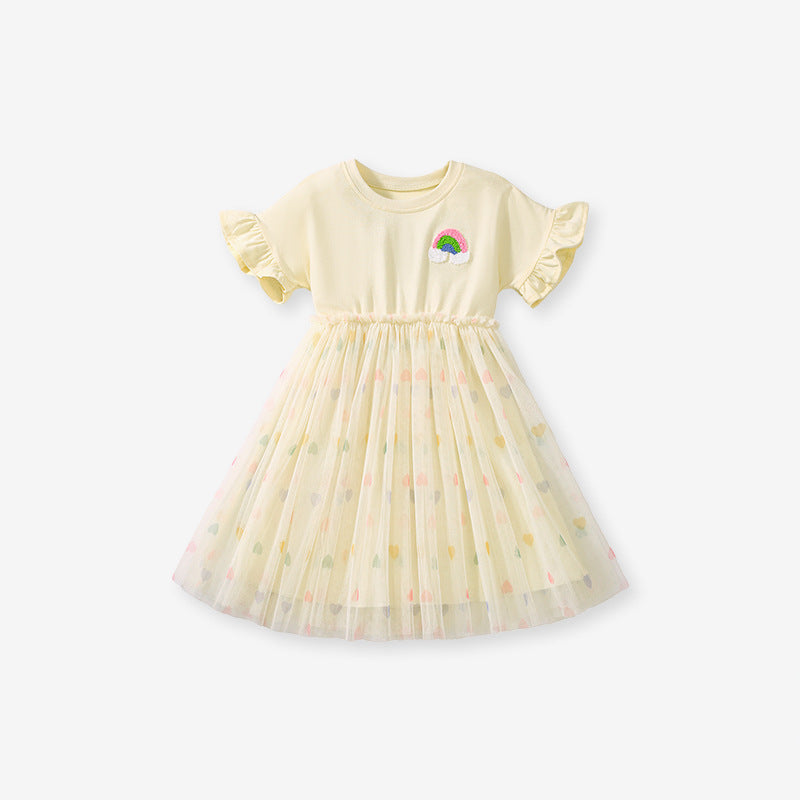 Summer Arrival Rainbow Pattern Short Sleeves Tulle Patchwork Dress for Stylish Girls
